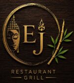 Logo doré EJ Restaurant Grill sur bois avec Bouddha, flamme et bambou.